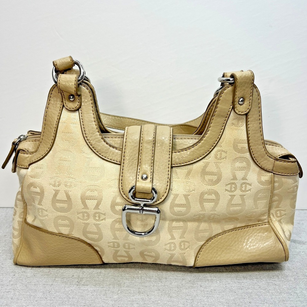 Etienne Aigner Gold & Beige Logo Three Compartment Baguette Shoulder Handbag‎
